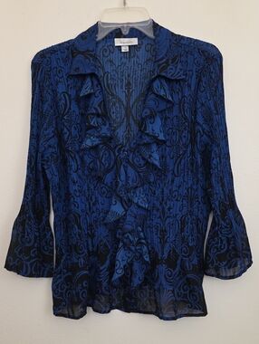 Dressbarn Blue & Black Print Low Ruffled V-neckline Button Top XL